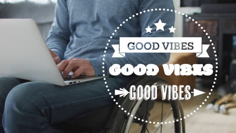 animation of good vibes text over caucasian man using laptop
