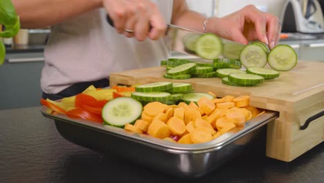 Low panning shot of a women cutting cucumber while preparing a bowl of fresh veggies in a clean modern kitchen