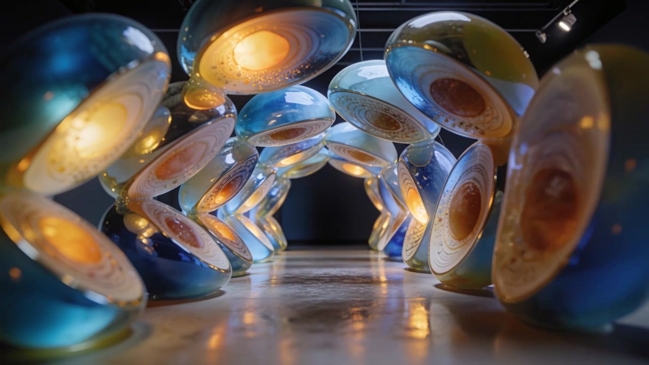 Camera pushing forward revealing glowing glass-disc arches in gallery, polished floor reflections