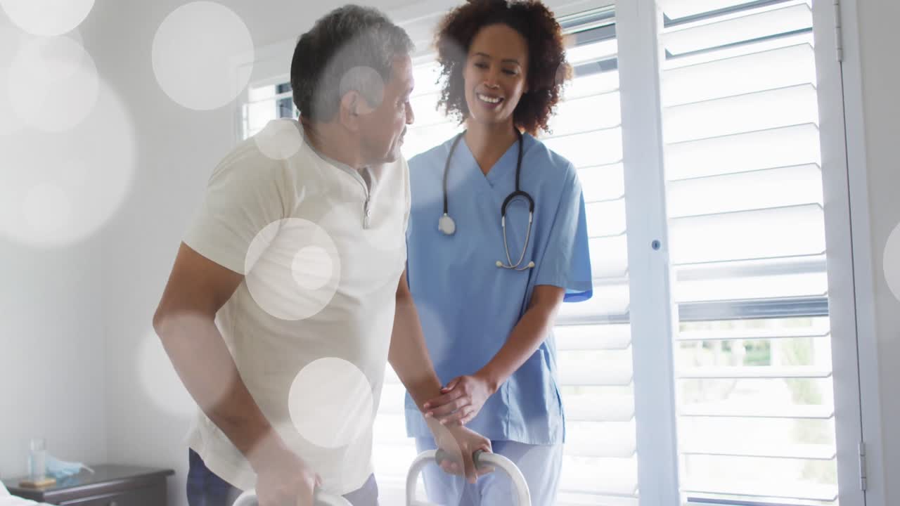 Animation de points lumineux au-dessus d'un médecin et d'un patient d'origines diverses.