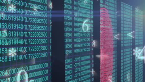 símbolos matemáticos y números que se mueven contra el procesamiento de datos