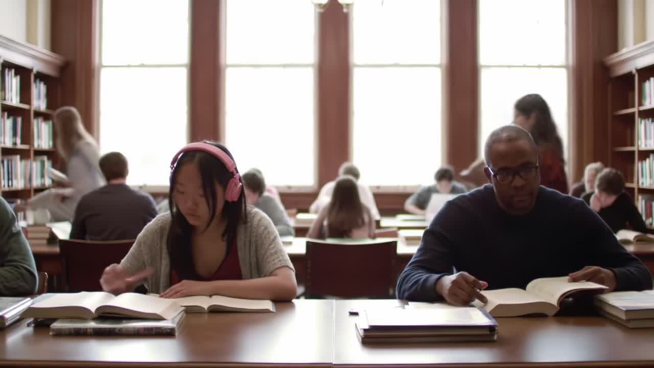 Focused Students Engaged in Study Amidst the Calm of a Library Environment, Emphasizing Concentration and Learning in Academic Settings
