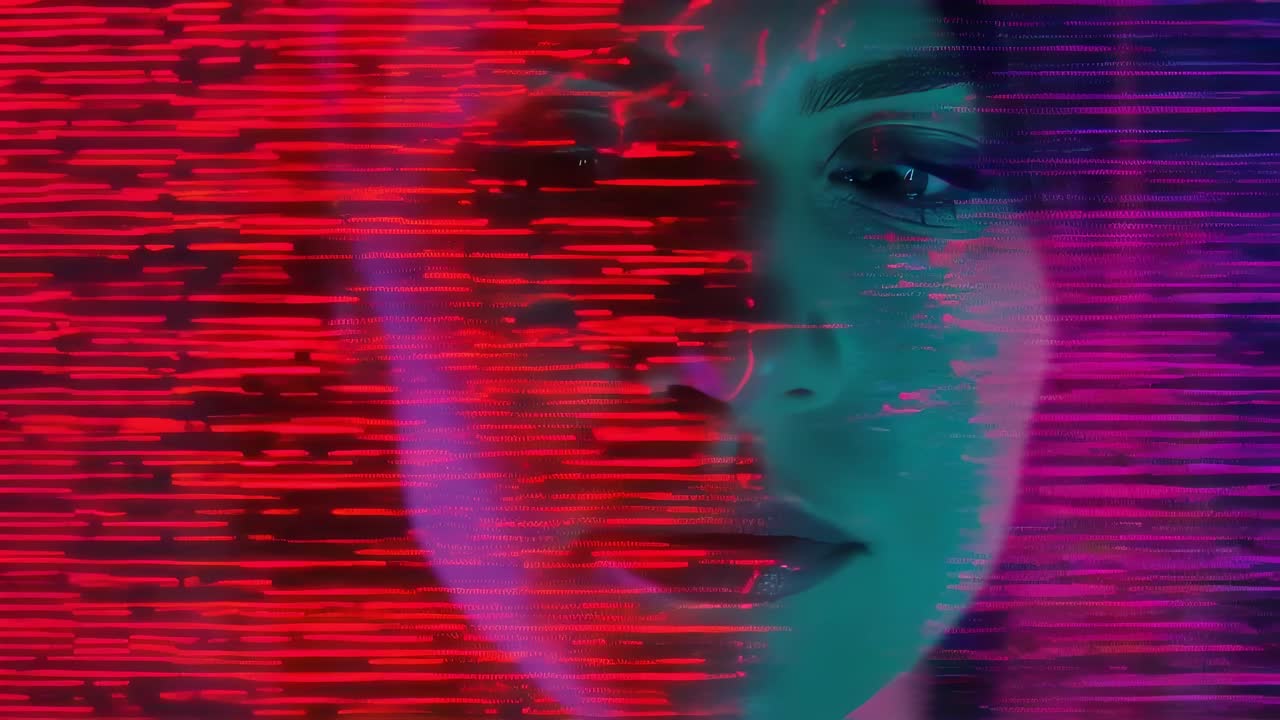 Glitch and digital distortion effects transforming a woman face, changing colors from blue to purple and red, creating a technological and futuristic atmosphere