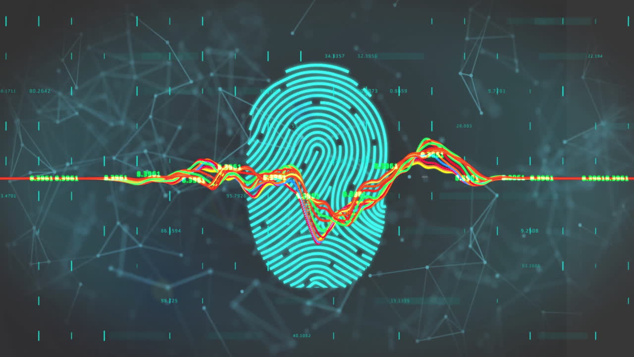 animación del procesamiento de datos digitales sobre iconos de candados y huellas dactilares biométricas