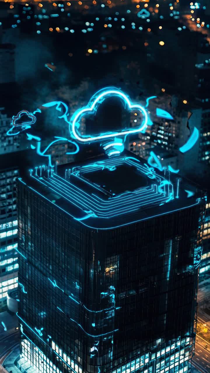 Aerial view of a skyscraper with neon cloud graphics, blending cyberpunk style and futuristic