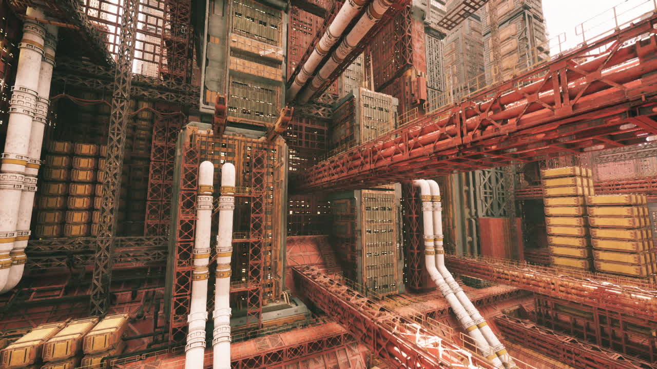 Multiple layered pathways and pipes forming vibrant industrial compositions