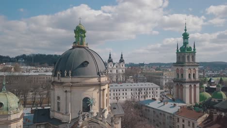 Aerial-City-Lviv,-Ukraine.-European-City.-Popular-areas-of-the-city.-Dominican