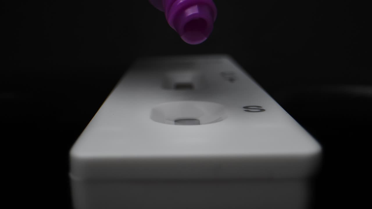 Sample drop for home rapid antigen test for COVID-19, extreme close-up