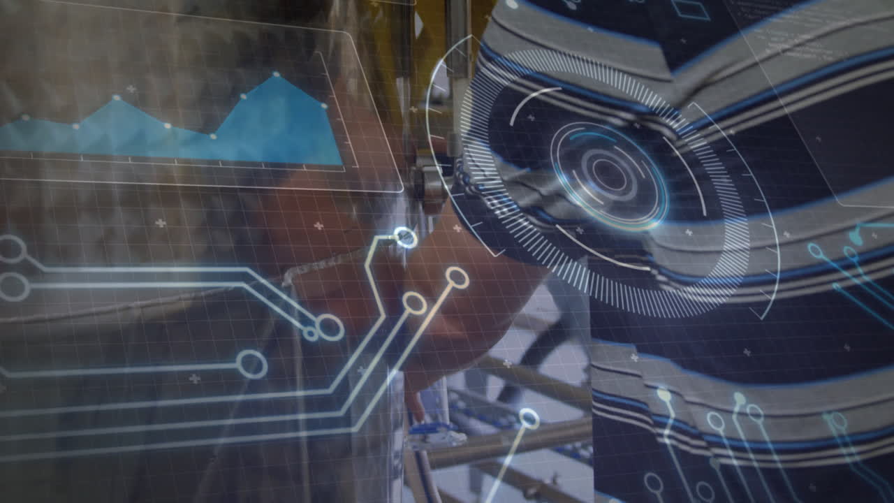 Using animation, futuristic digital interface shows data on industrial machinery integration