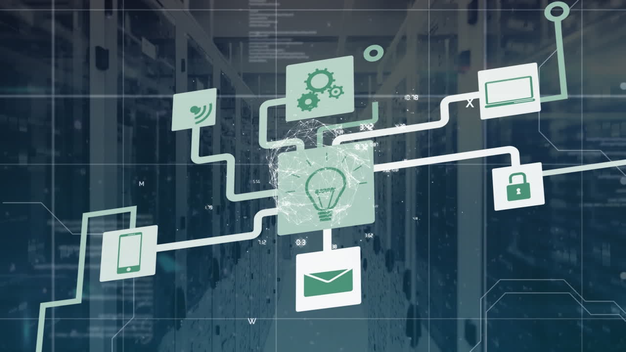 animación del globo con iconos de tecnología sobre los servidores