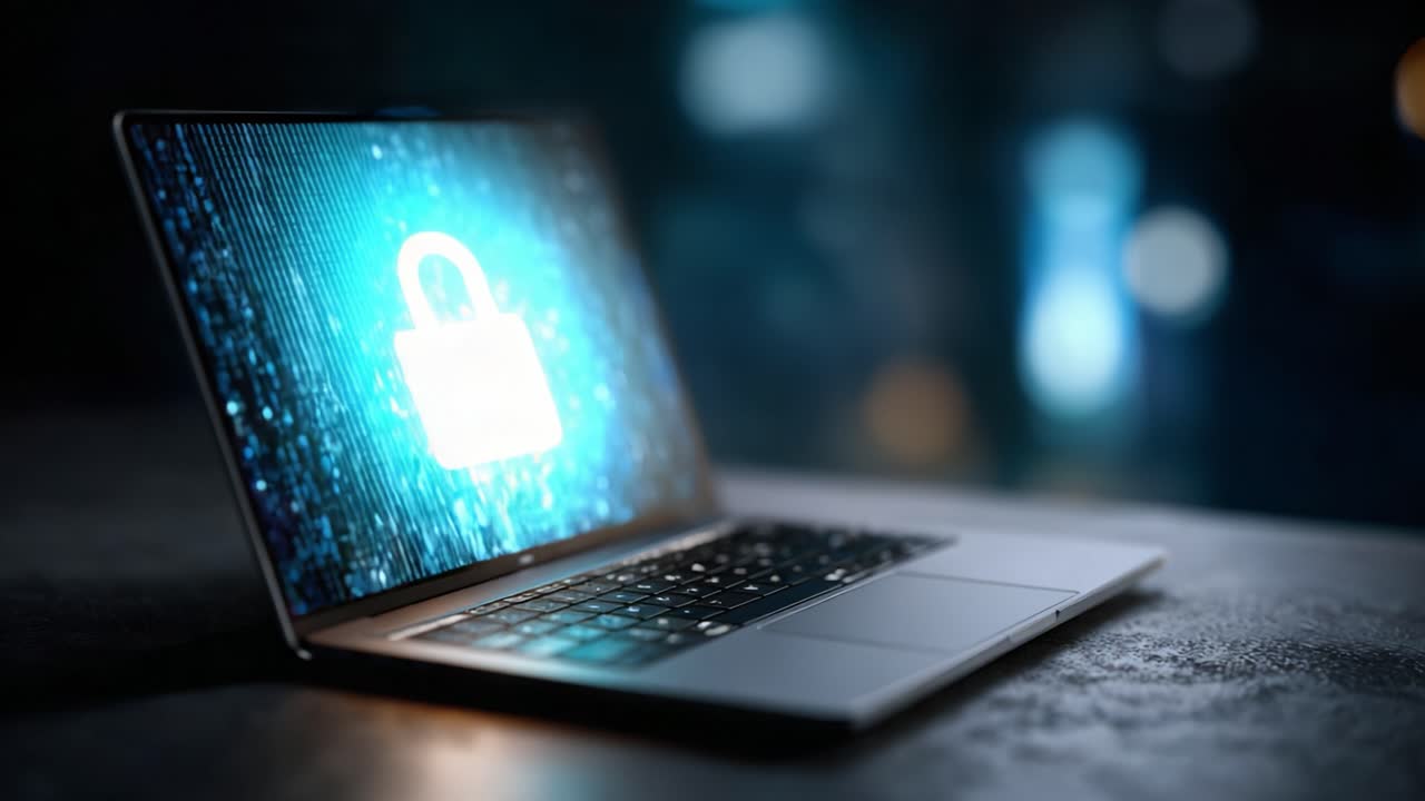 A laptop showcasing a digital lock symbol against a backdrop of blurred lights, symbolizing cybersecurity and data protection in a modern tech environment