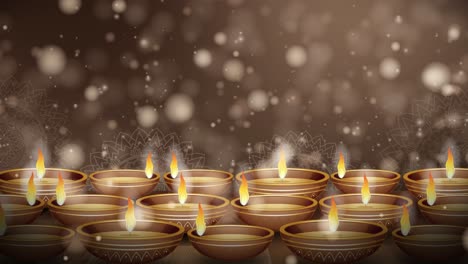saludo de diwali con lámparas de aceite brillantes animación