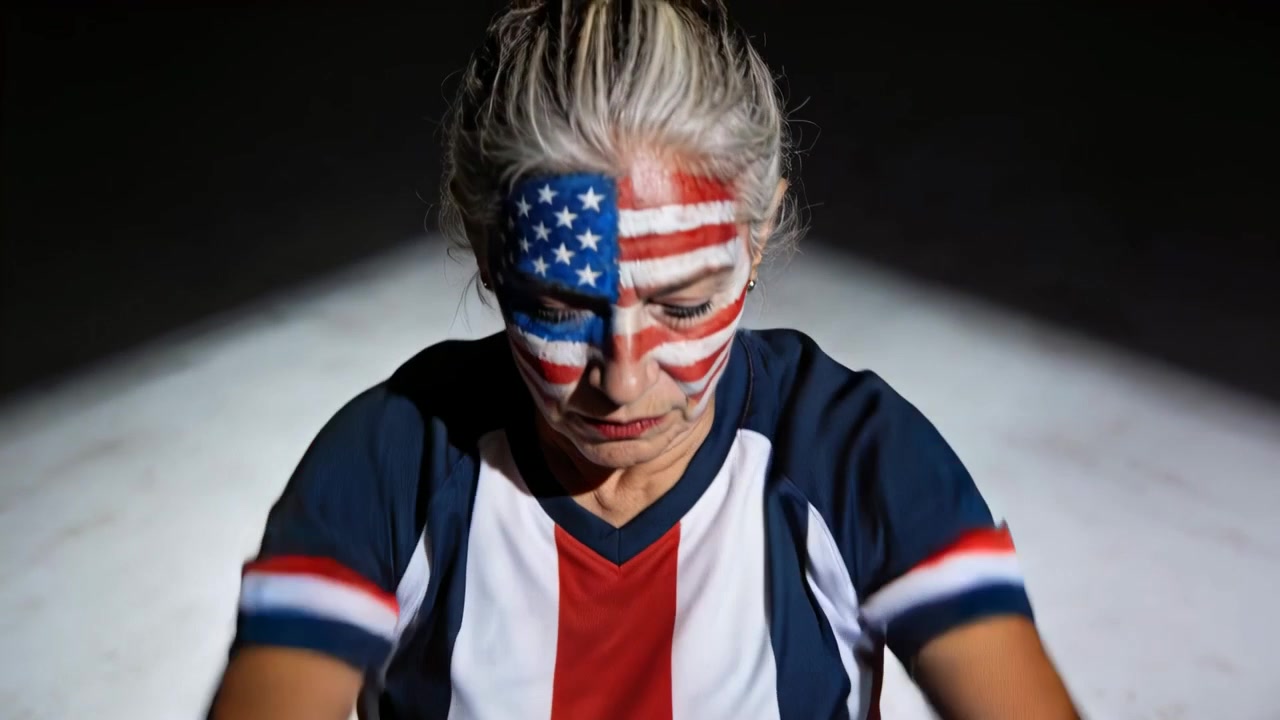 Riflettore che illumina una donna che si solleva, si piega e si allunga per afferrare una linea rossa in palestra, con maglia e motivo a bandiera USA.
