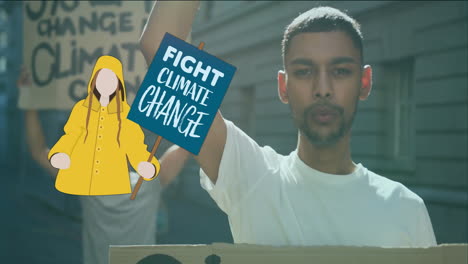 Animation-of-caucasian-girl-with-fight-climate-change-placard-over-biracial-man-at-street-protest