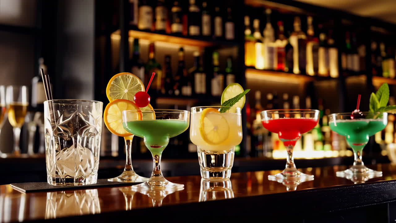 A collection of colorful cocktails on a bar counter