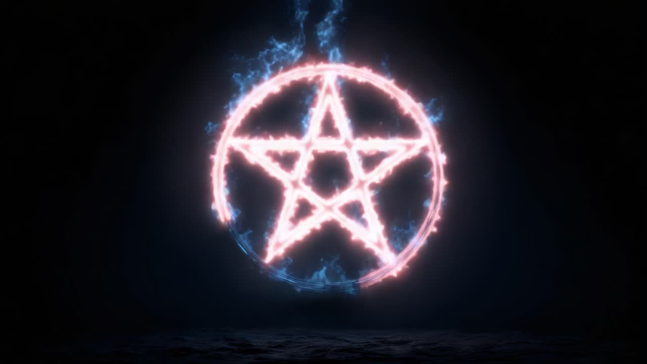 Transformasi Dinamis Elemen: Representasi Visual Api dan Es yang Mengelilingi Pentagram yang Bergerak, Melambangkan Dualitas dan Keseimbangan