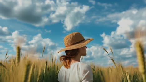 woman wearing straw hat standing in golden wheat field, gazing across expansive landscape under bright summer sky with soft clouds drifting overhead