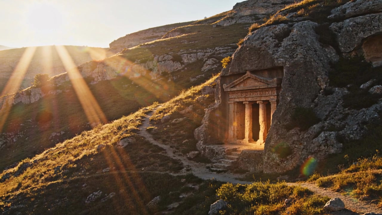 Facciata di tempio scavato nella roccia illuminata, sole basso che invia raggi, bagliore dell'obiettivo che attraversa la collina, spazio per il testo