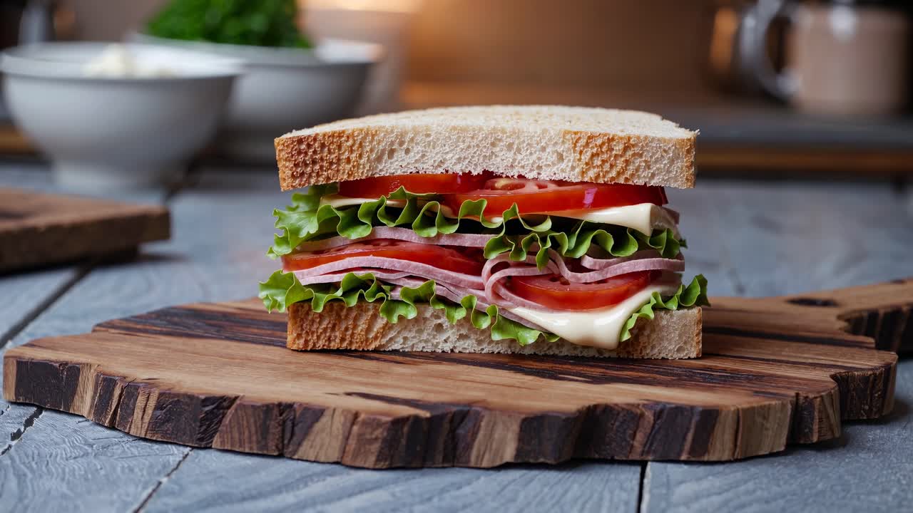 Video ravvicinato di un panino a strati su un tagliere di legno, che mostra strati di lattuga, prosciutto