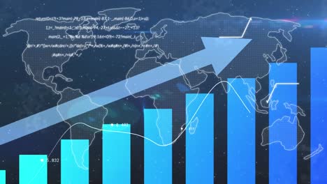 Animation-of-financial-data-with-arrow-ascending-processing-over-world-map