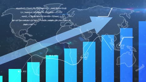animación de datos financieros con procesamiento de flecha ascendente sobre el mapa del mundo