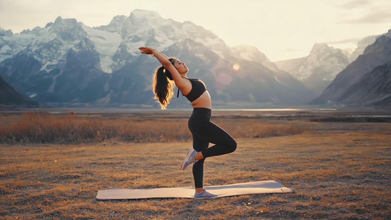 Woman practicing yoga in the mountains