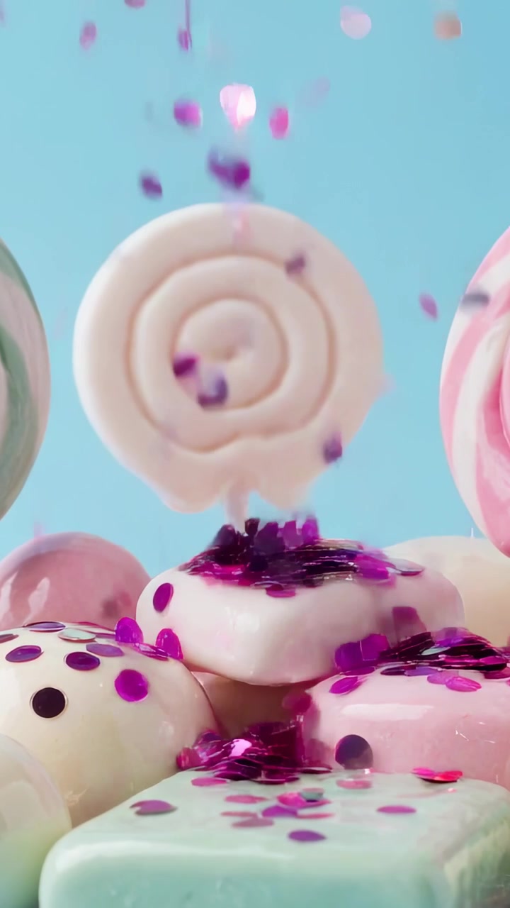 Dikey video: Stüdyo setinde, yukarıdan başlayarak pastel renkli lolipopların ve şekerlerin üzerine konfeti düşüyor.
