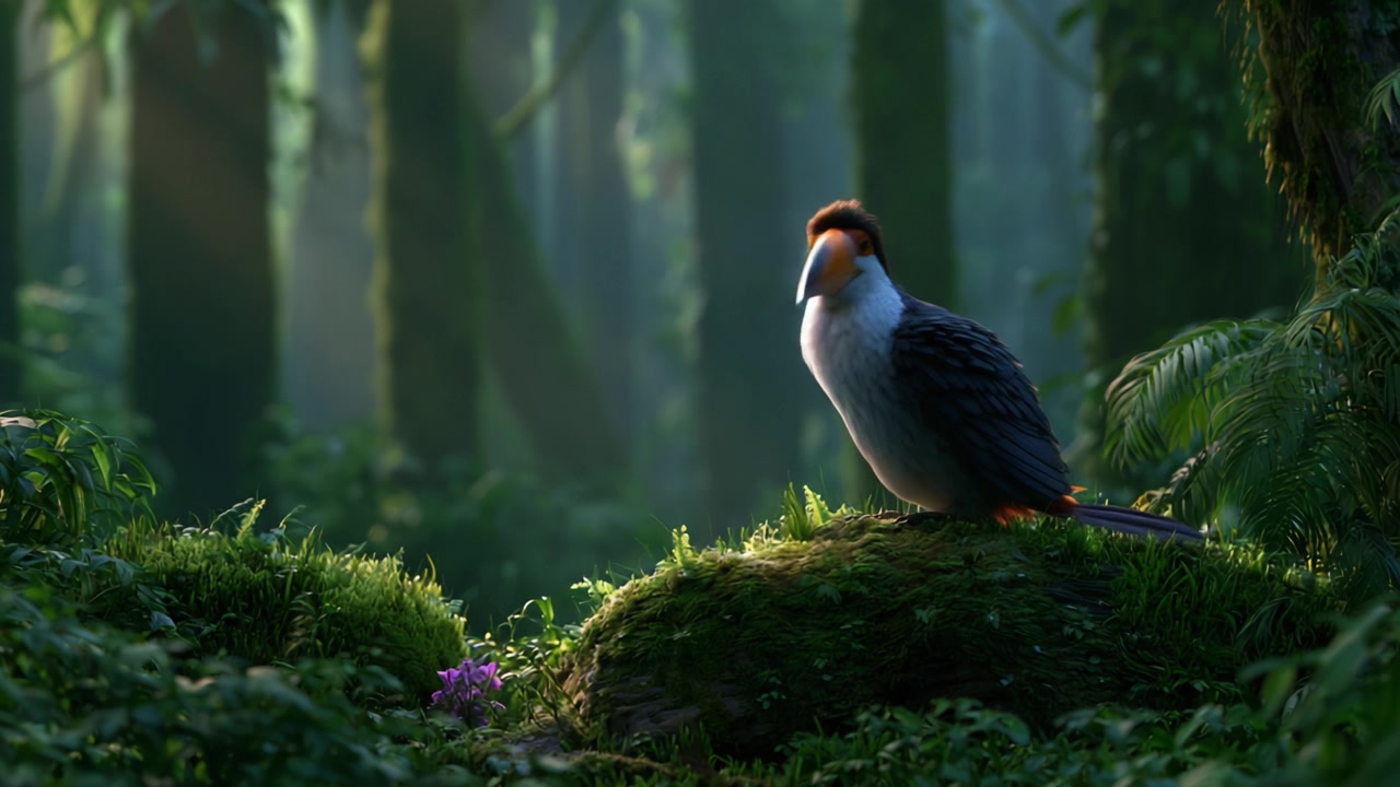 Un tucano vivace in una lussureggiante foresta pluviale: catturare la bellezza e il movimento della natura attraverso il viaggio di un uccello maestoso nel suo habitat naturale.