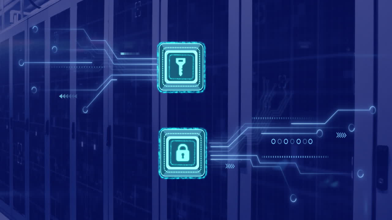 Animation of digital data processing, padlock and key icons, circuit board and computer servers