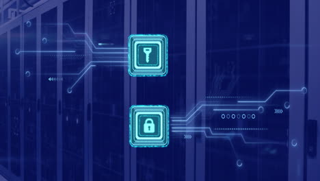 animation of digital data processing, padlock and key icons, circuit board and computer servers