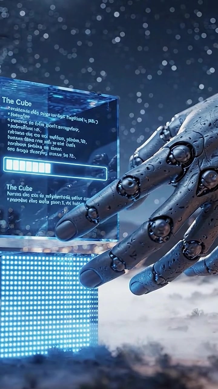 Futuristic Robotic Hand Interacting with Neon Cube: An Exploration of Technology and Artificial Intelligence in a Starry Night Environment