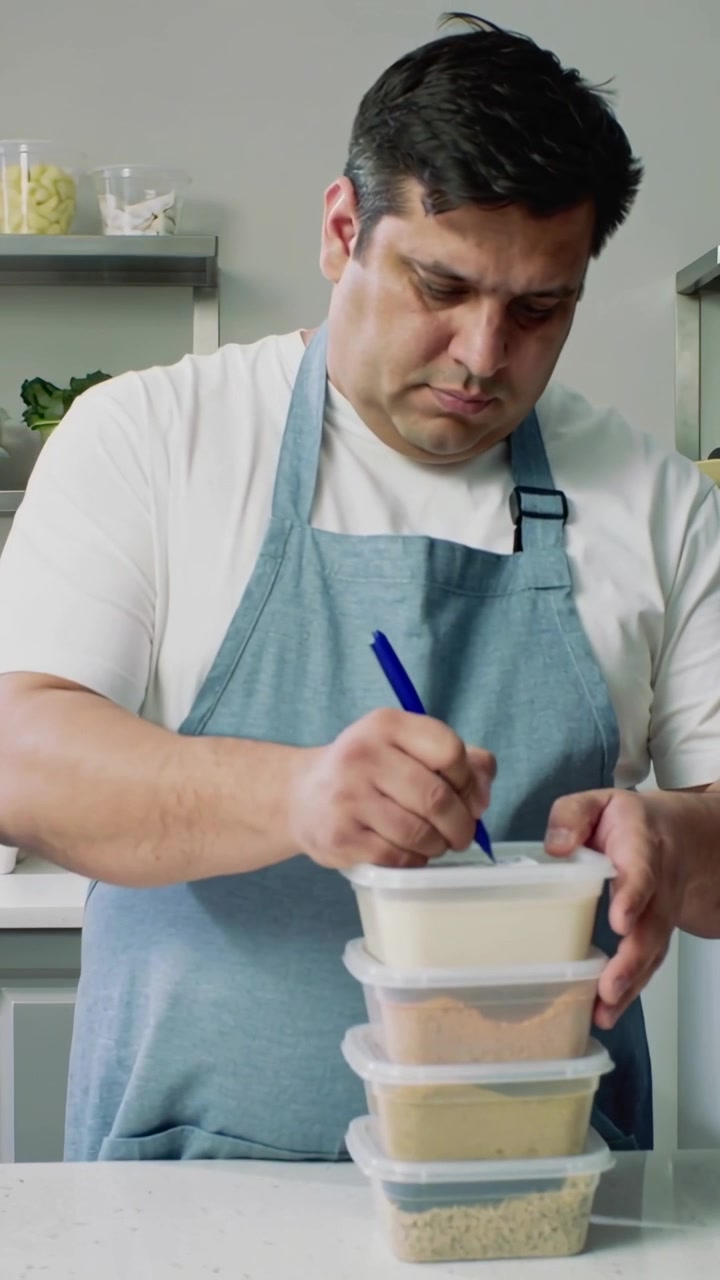 Vídeo vertical: Empilhando 4 recipientes transparentes, chef de avental rotulando a tampa no balcão com caneta azul para preparo