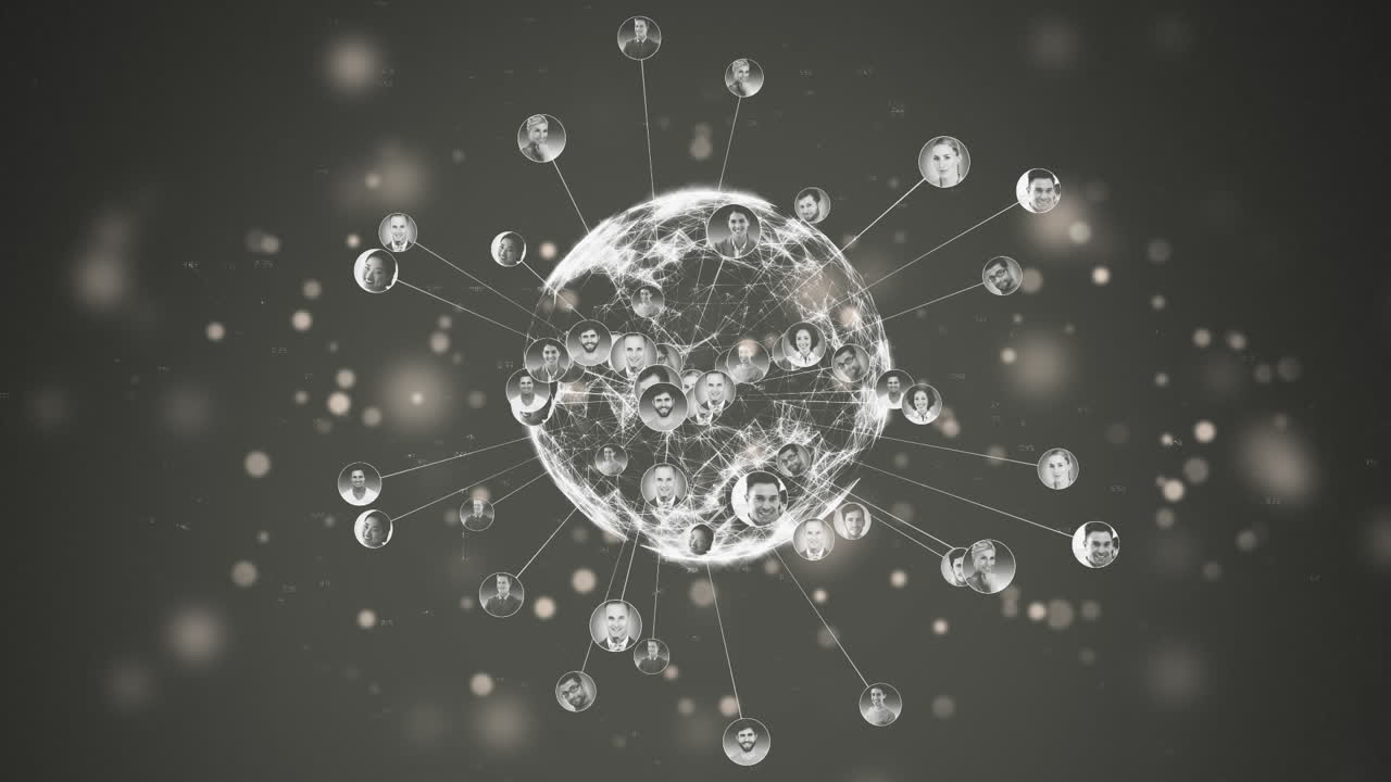 블랙 배경의 사람 초상화와 연결된 전 세계를 가로지르는 빛의 흔적의 애니메이션