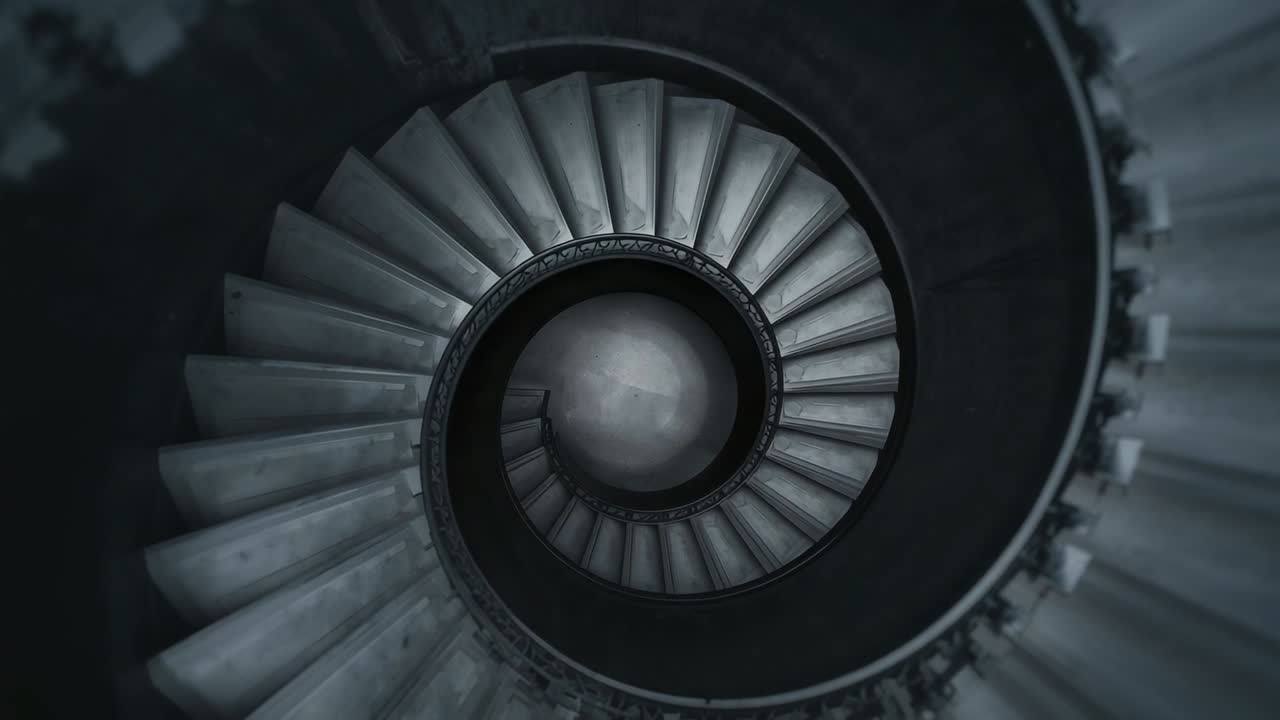 Starting camera capturing spiral staircase interior from top-down, revealing repeating rings