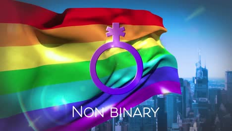 texto no binario y símbolo de género en bandera del arco iris y fondo del paisaje urbano
