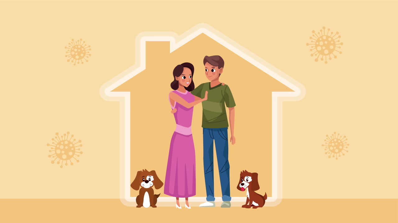 젊은 연인 커플과 개 마스코트 집에 머물 캠페인