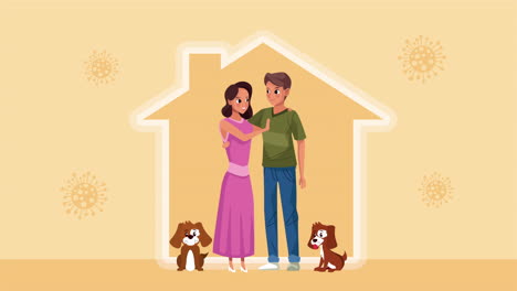 jóvenes amantes pareja con perros mascotas quedarse en casa campaña