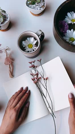 creative workspace with flowers and plants