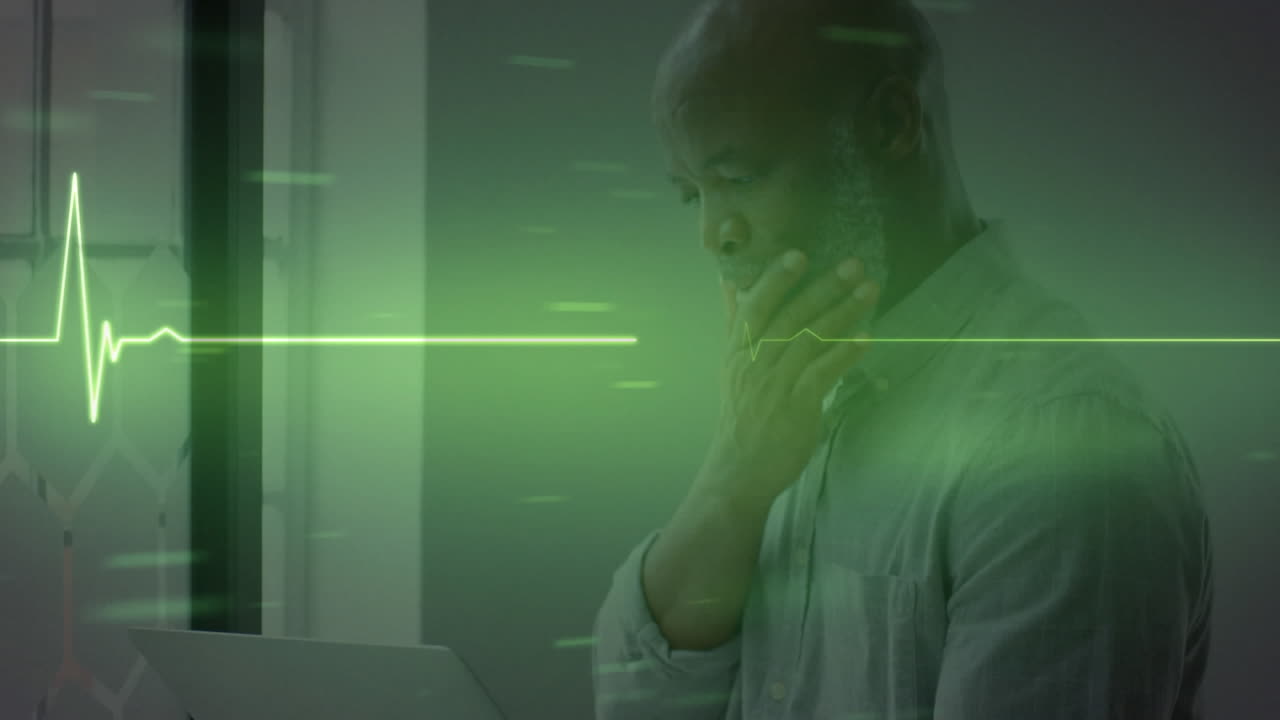 사무실에서 노트북을 사용하는 아프리카계 미국인 사업가에 대한 이소전기 선의 애니메이션