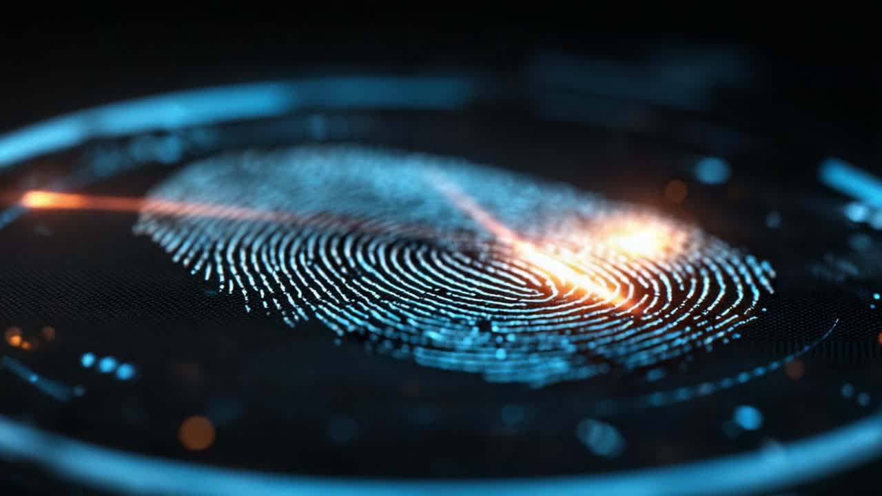 Exploring the Intricacies of a Digital Fingerprint: A High-Tech Visualization Capturing the Unique Patterns and Details of Individual Identity in a Futuristic Setting