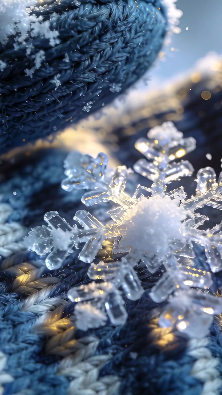 Video verticale: Telecamera macro che si sposta rivelando un fiocco di neve esagonale su un polsino di maglia blu, con bokeh caldo.