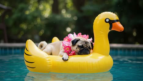 a relaxing pug enjoys a summer day on an inflatable duck float in a sparkling pool, surrounded by lush greenery and bright sunshine