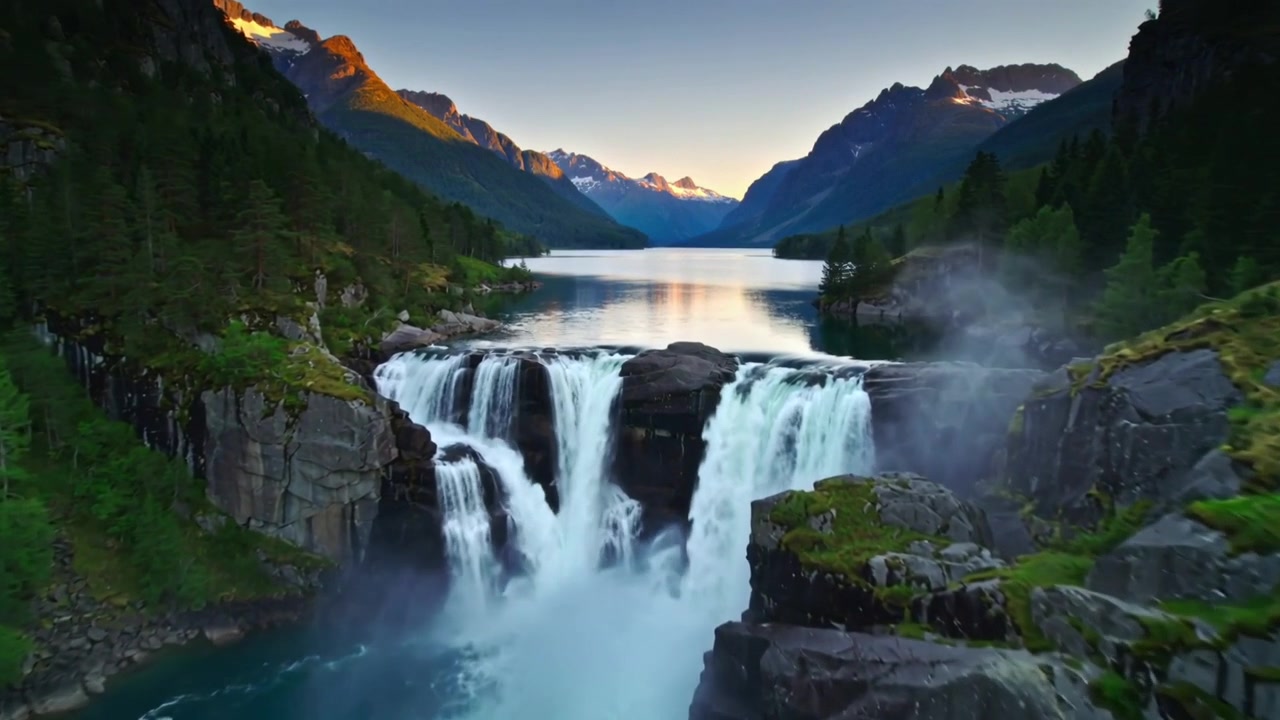 Telecamera che si allontana rivelando una cascata a più livelli in una valle di montagna, mostrando salti d'acqua, nebbia e un lago.