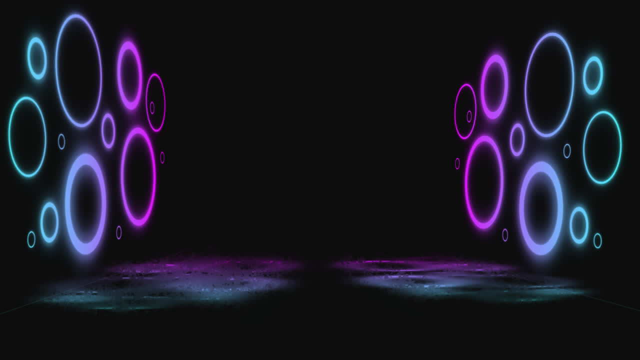 검은 바탕에 박이는 파란색, 보라색 및 분홍색 반이는 네온 원의 애니메이션