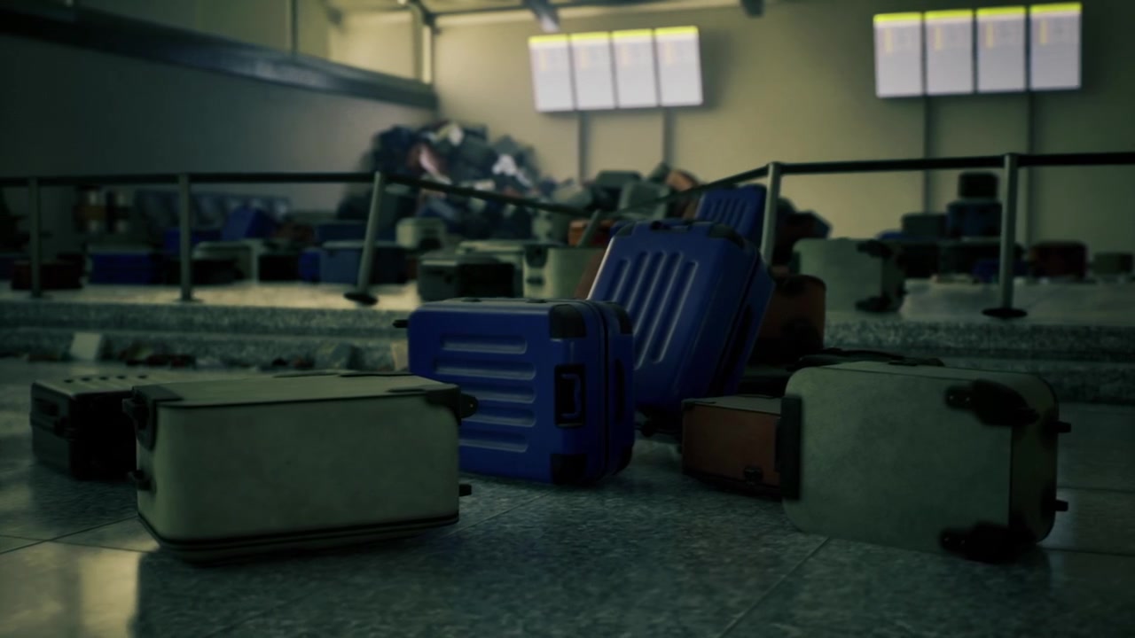 Solskin oplyser stablede kufferter i travlt lufthavnsterminalområde.
