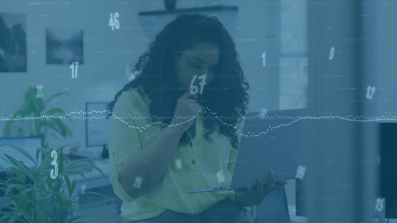 Animation of numbers changing over biracial woman with computer in office