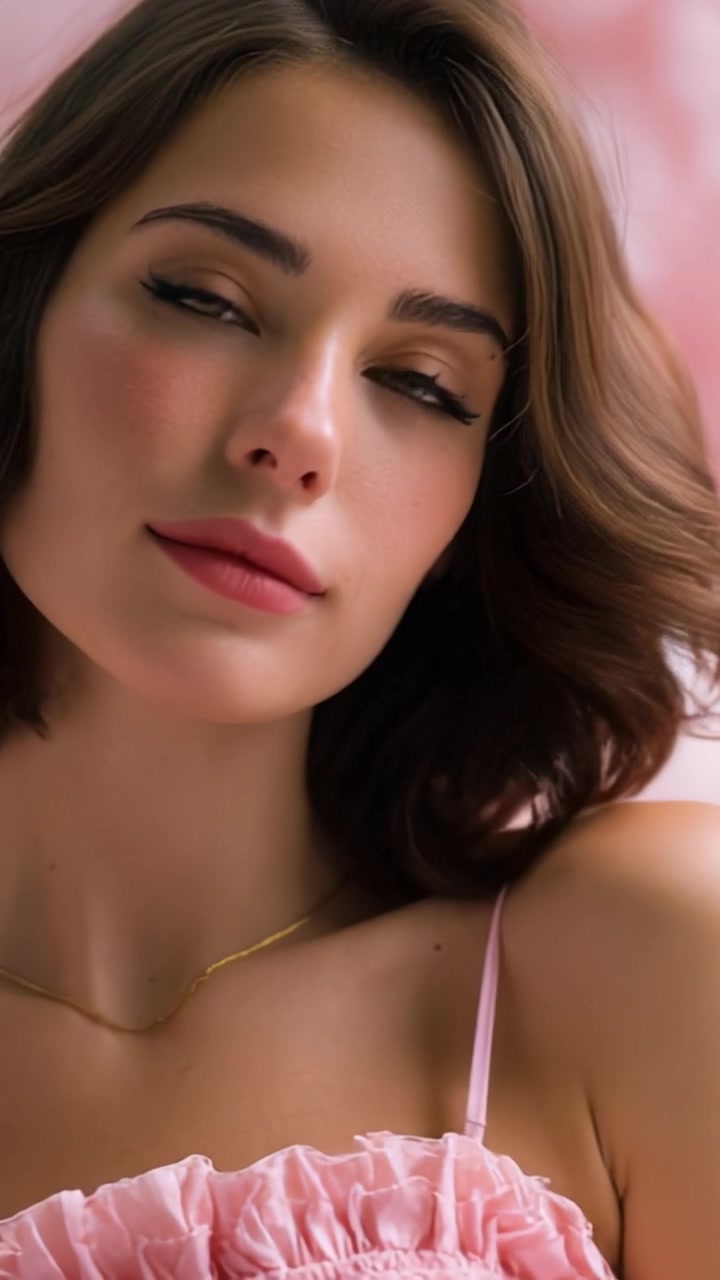 Primo piano accattivante di una giovane donna con capelli castani, trucco leggero e un'espressione dolce su uno sfondo rosa sfocato, che mostra bellezza naturale ed eleganza