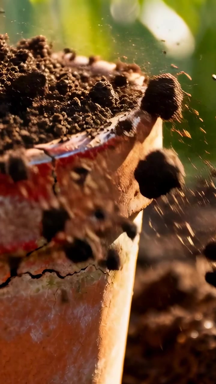 Video verticale: Terra che cade e colpisce un vaso di argilla in giardino, aggiungendo terra per la semina, con spazio per il testo