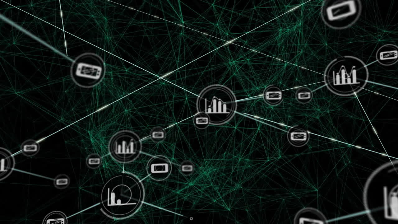 Network of connections and data processing animation over dark background