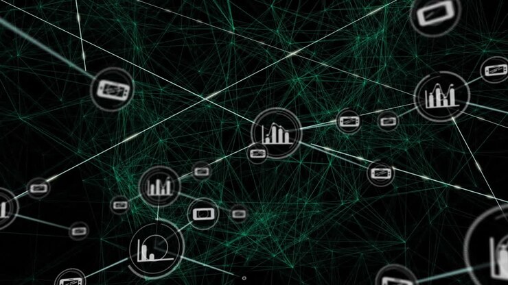 Network of connections and data processing animation over dark background
